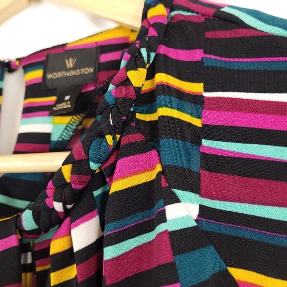 Worthington Womens Short Sleeve Pleated Striped Multi-Colored Blouse Size M - Picture 5 of 7